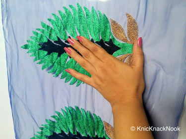 Wholesale Blue Soft Net Lace Trim With Blue, Green And Gold Embroidered Leaves, Indian Trims